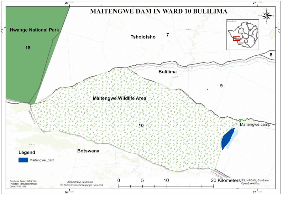 Fig 1. Zimbabwe map showing location of Maitengwe Dam, Maitengwe Wildlife Area, and Adjacent Wards